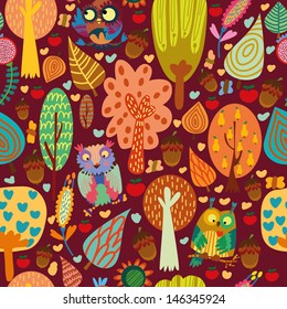 Outdoor concept seamless pattern.Cartoon trees and owls in vector background.Seamless pattern can be used for wallpaper, pattern fills, web page backgrounds, surface textures.