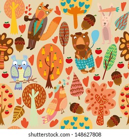 Outdoor concept seamless pattern.Cartoon trees and animals in vector background.Seamless pattern can be used for wallpaper, pattern fills, web page backgrounds, surface textures.