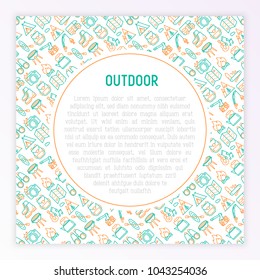 Outdoor concept with thin line icons: mountains, backpack, uncle boots, kettle, axe, map, swiss knife, canoe, camera, fishing rod, binoculars. Modern vector illustration for print media, banner.