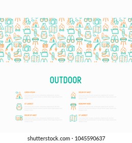 Outdoor concept with thin line icons: mountains, backpack, uncle boots, kettle, axe, map, swiss knife, canoe, camera, fishing rod, binoculars. Vector illustration for print media, web page template.
