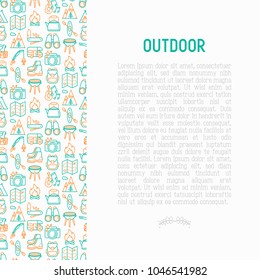Outdoor concept with thin line icons: mountains, backpack, uncle boots, kettle, axe, map, swiss knife, canoe, camera, fishing rod, binoculars. Vector illustration for print media, web page template.