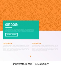 Outdoor concept with thin line icons: mountains, backpack, uncle boots, kettle, axe, map, swiss knife, canoe, camera, fishing rod, binoculars. Modern vector illustration for print media, banner
