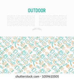 Outdoor concept with thin line icons: mountains, backpack, uncle boots, kettle, axe, map, swiss knife, canoe, camera, fishing rod, binoculars. Vector illustration for print media, web page template.