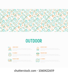 Outdoor concept with thin line icons: mountains, backpack, uncle boots, kettle, axe, map, swiss knife, canoe, camera, fishing rod, binoculars. Modern vector illustration for web page template.