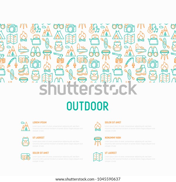 Outdoor concept with thin line icons:\
mountains, backpack, uncle boots, kettle, axe, map, swiss knife,\
canoe, camera, fishing rod, binoculars. Vector illustration for\
print media, web page\
template.