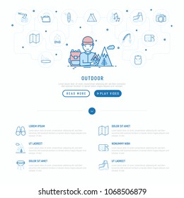 Outdoor concept: traveller with backpack in mountains. Thin line icons: uncle boots, kettle, axe, map, swiss knife, canoe, camera, fishing rod, binoculars. Vector illustration, web page template.