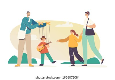 Outdoor Concert, Master Manipulate Puppet Toy Playing Guitar Hanging on Strings. Street Artist Puppeteer Character Performing Show with Marionette Doll for Family. Cartoon People Vector Illustration