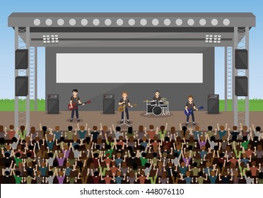 outdoor concert in the park , music band with viewers crowd cartoon style vector