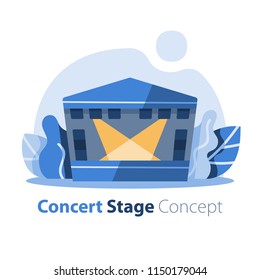 Outdoor concert stage with gabled roof, music festival, entertainment performance, festive event arrangement, vector icon, flat design illustration