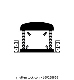 Outdoor concert stage with street acoustics and lighting lamps. Vector icon. Music equipment.