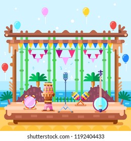 Outdoor concert stage, vector flat illustration. Music instruments and spotlights equipment on scene podium. Musical summer beach festival design elements.
