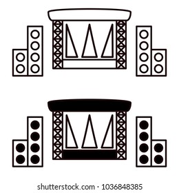 Outdoor concert stage vector icon isolated on white background. Simple flat music equipment pictogram. Podium with spotlights and loudspeakers illustration.