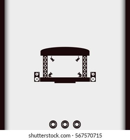 Outdoor Concert Stage Vector Icon Isolated On Grey Background. Simple Flat Music Equipment Pictogram. Podium With Spotlights Illustration.