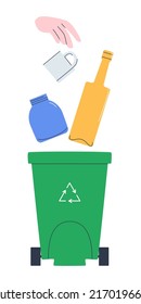 Outdoor container for sorting garbage. Green waste box made of glass, ceramics, porcelain. Ecotheme. Flat vector illustration. Eps10