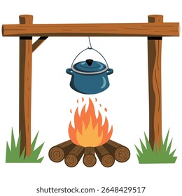 Outdoor cooking adventure with steaming pot over crackling fire isolated vector illustration on white backgroun