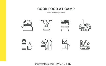 Juego de iconos de equipo de cocina y camping al aire libre: barbacoa, hoguera, estufa portátil y parrilla. Cuenta con utensilios, termos, cuchillo suizo y utensilios de cocina. Colección de Vector lineal editable para senderismo y comida al aire libre