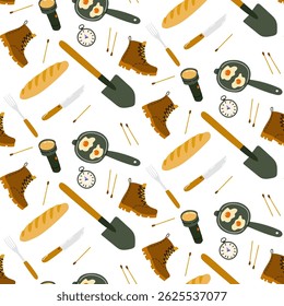 Outdoor cooking and hiking gear arranged neatly on a white background
