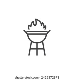 Icono de línea de cocina al aire libre. BBQ signo de estilo lineal para concepto móvil y diseño web. Barbacoa con icono de vector de contorno de fuego. Símbolo, ilustración del logotipo. Gráficos vectoriales