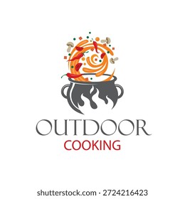 outdoor cooking process on cauldron isolated on white background