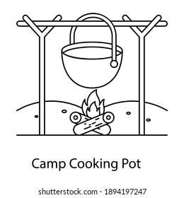 
Artículos de cocina al aire libre, icono lineal de la olla de cocina del campamento 