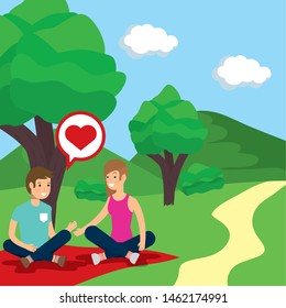 outdoor couple sitting on blanket in the park activity vector illustration