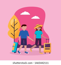 outdoor couple together with suitcases vector illustration