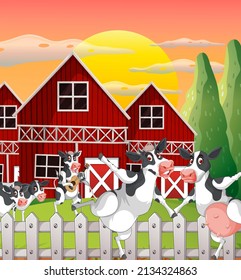 Outdoor cow farm scene with happy animals  illustration