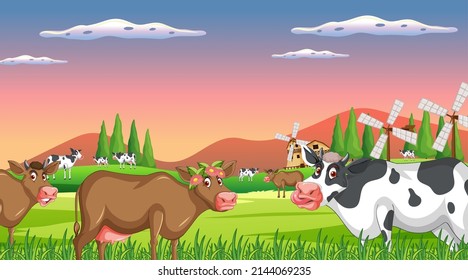 Outdoor cow farm scene with happy animals cartoon illustration