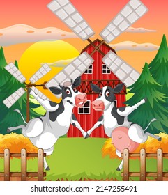 Outdoor cow farm scene with happy animals  illustration