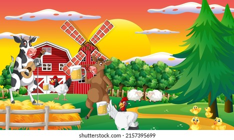 Outdoor cow farm scene with happy animals cartoon illustration
