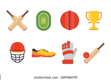 Outdoor cricket game equipment four flat icons composition with bat trophy and gloves abstract isolated vector illustration