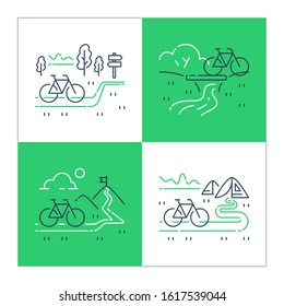 Outdoor cycling and camping concept, riding bicycle trip, nature tourism, summer tour, forest and mountain trail, ecological path, vector line illustration