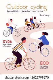 Outdoor cycling competition poster vector flat illustration. Cartoon people cyclist in bicycle racing on the road isolated on white background. Concept of activity, healthy lifestyle and sports.