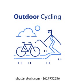 Outdoor cycling concept, riding bicycle trip, nature tourism, summer tour, uphill path, mountain bike, vector line illustration