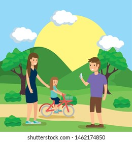 outdoor dad taking photo to mom with daughter in bike park activity vector illustration