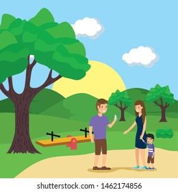 outdoor dad taking photo to mom with son in the park activity vector illustration