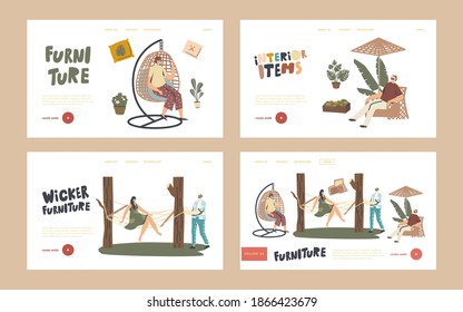 Outdoor Decor Landing Page Template Set. Characters Relax On Wicker Furniture Outdoors. Woman Sit On Suspended Armchair Or Hammock, Rocking Chair, Table And Umbrella. Linear People Vector Illustration