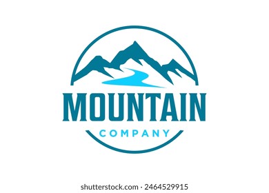 Outdoor design logo rocky snowy mountain peak with flowing river.