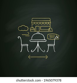 Outdoor dining chalk icon. Personal dinner in restaurant outdoor.Forced distance.Regulation through covid19. Restaurants new normal concept.Isolated vector illustration on chalkboard