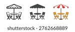 Outdoor dining collection. Folding chair icon. Cafe furniture set. Garden relaxation. Backyard patio.