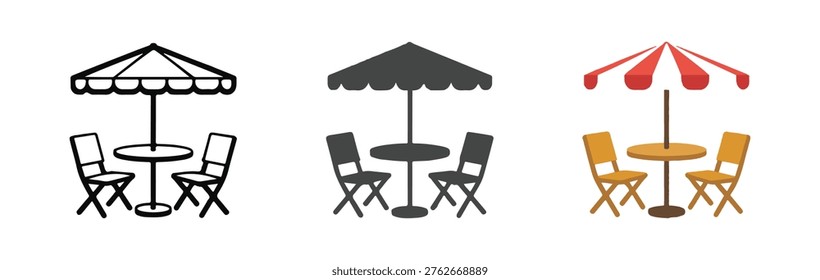 Outdoor dining collection. Folding chair icon. Cafe furniture set. Garden relaxation. Backyard patio.