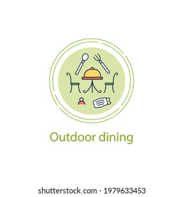 Outdoor Dining Concept Line Icon. Personal Dinner In Restaurant Outdoor.Forced Distance.Regulation Through Covid19. Restaurants New Normal.Vector Isolated Conception Metaphor Illustration