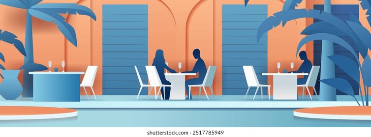 Outdoor dining scene with people at tables tropical plants blue and orange color scheme modern style