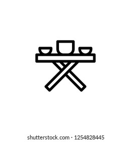 Outdoor dining table, breakfast in camp, vector icon in line, outline, flat style