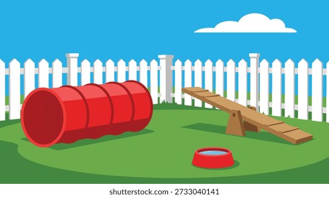 An outdoor dog agility course featuring a red tunnel, a wooden seesaw, and a water bowl, set against a white picket fence and blue sky.