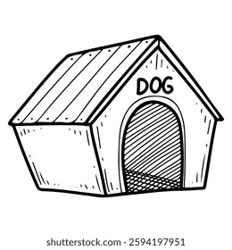 Outdoor dog house. Hand drawn doodle. Wooden building for an animal. Shelter from bad weather for a pet. Vector line art illustration.