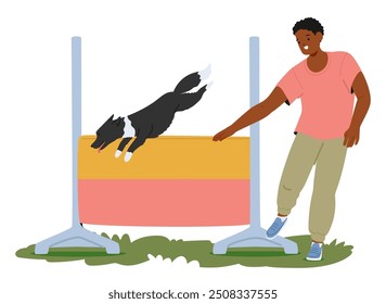 Sessão de treinamento para cães ao ar livre. Um Personagem De Manipulador Guia Um Cão Enquanto Ele Salta Sobre Um Obstáculo. A Cena Captura Elementos De Trabalho Em Equipe, Treinamento De Animais De Estimação E Atividade Ao Ar Livre. Ilustração de vetor de desenhos animados