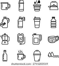 Conjunto de iconos de vajilla al aire libre - Ilustración vectorial de camping, Thermos Hydration Outline Symbols.eps
