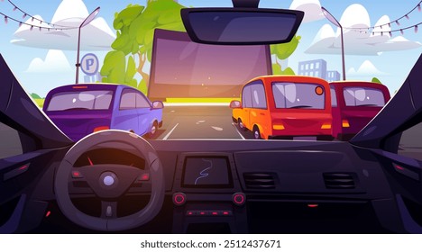 Outdoor drive cinema view from car cabin. Vector cartoon illustration of autos on parking with blank movie screen or street ads banner, green urban park, modern city buildings seen through windshield