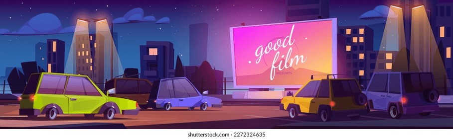 Outdoor drive-in cinema screen at night. Movie in car on parking cartoon vector illustration. Retro scene with open air film festival. Outside entertainment event for automobile to watch performance.